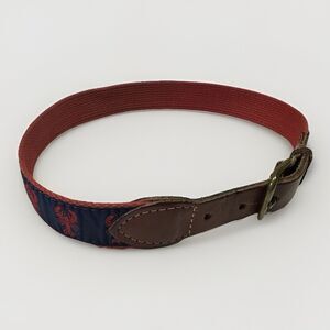 Leather Man Ltd Hand Made Lobster Motif Belt 26” Red Navy Brass Buckle